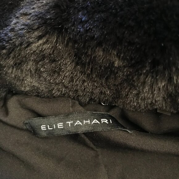 Elie Tahari Faux Fur Coat Womens Medium Black Cinch Waist Long Sleeve Jacket - Picture 8 of 15